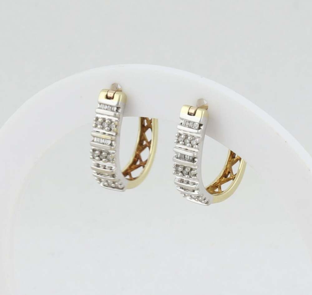 10k Yellow & White Gold Diamond Hoop Earrings  .30 carats total  3/4" x 3/16"